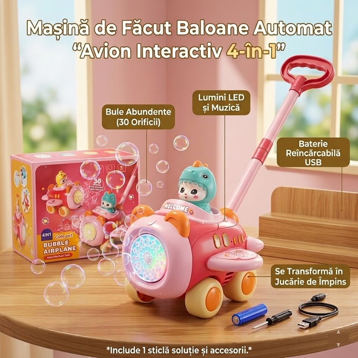 Interaktív Automata Buborékfújó Játék, tolható vagy húzható, partikhoz és szabadtéri tevékenységekhez, LED-del és Zenével, 30 lyuk, 1 üveg oldat mellékelve, Repülőgép Design, USB újratölthető akkumulátor, Gyermekeknek, Rózsaszín, 3 év+