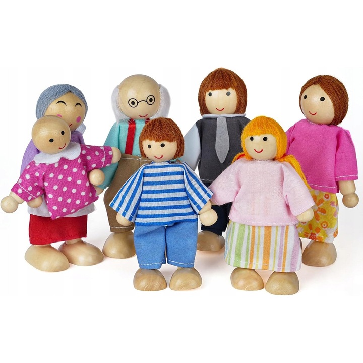 Set de papusi din lemn, 7 membri ai familiei, dimensiuni 5x10cm, material natural, jucarie educativa