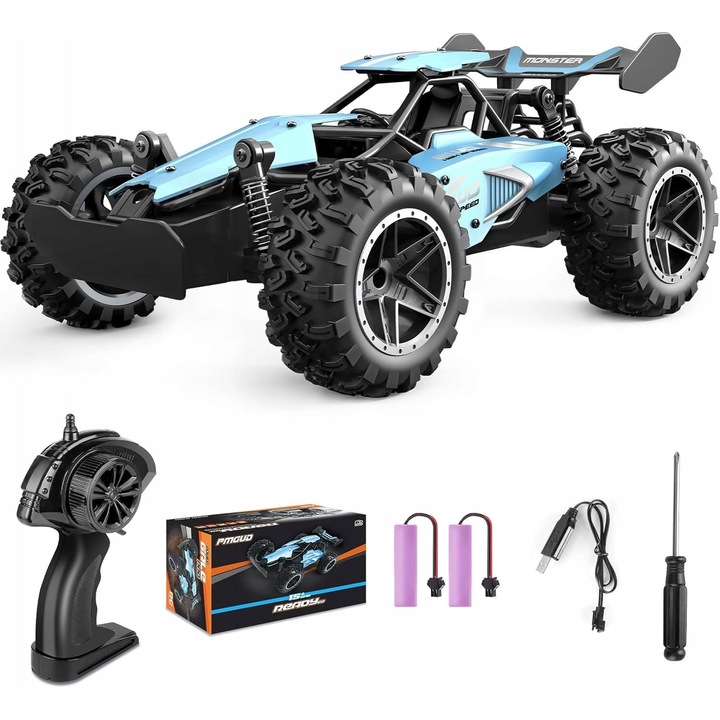 Masina RC 4x4, 1:18, albastra, dimensiuni 23x14.5x8.5cm, set complet cu 2 baterii