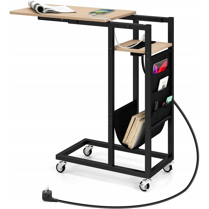 Мобилна маса със зарядна станция, 2 AC контакта и 2 USB порта, черна с винтидж, 60x40x65см, многофункционален комплект