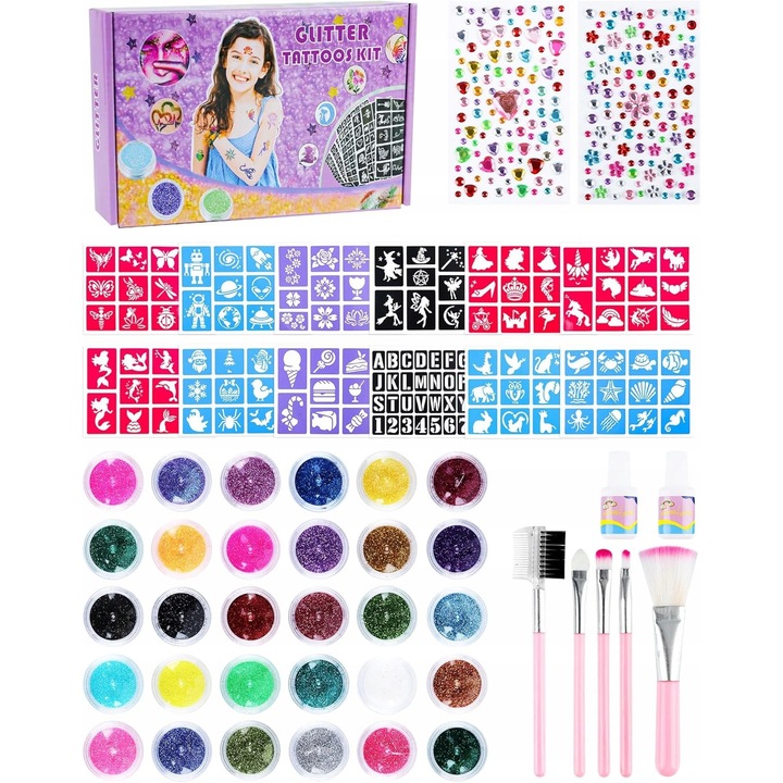 Set de tatuaje temporare cu sclipici, 30 culori, 162 sabloane, 100% netoxice, pentru copii