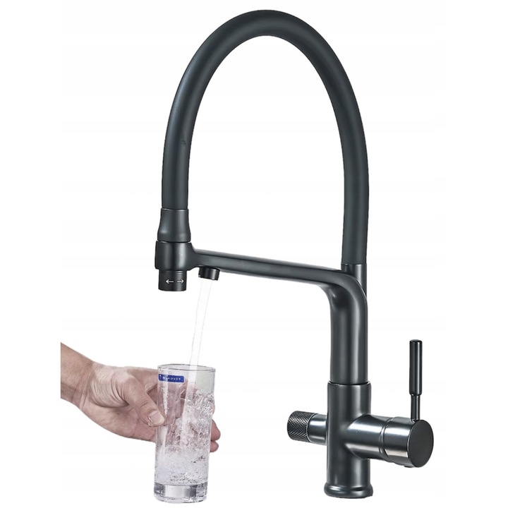MYQualife háromutas konyhai csaptelep kihúzható kifolyóval, matt fekete, 44,5 cm