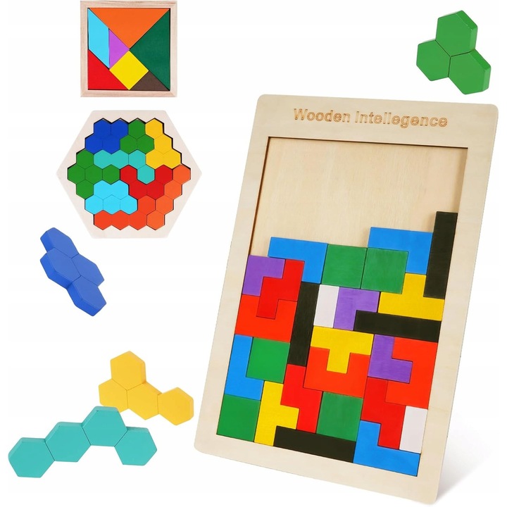 3 az 1-ben, 56 darabos, többszínű, minden korosztály számára alkalmas, fából készült oktató kirakó