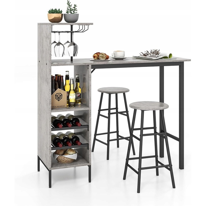 Set masa de bar si 2 scaune, suport pentru 6 sticle de vin, dimensiuni 120x60 cm, lemn/metal