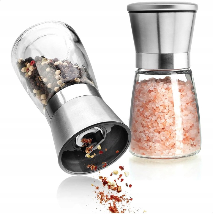 Set de 2 mlynki pentru condimente, sticla si otel inoxidabil, transparent si argintiu, 13,5x6,5cm