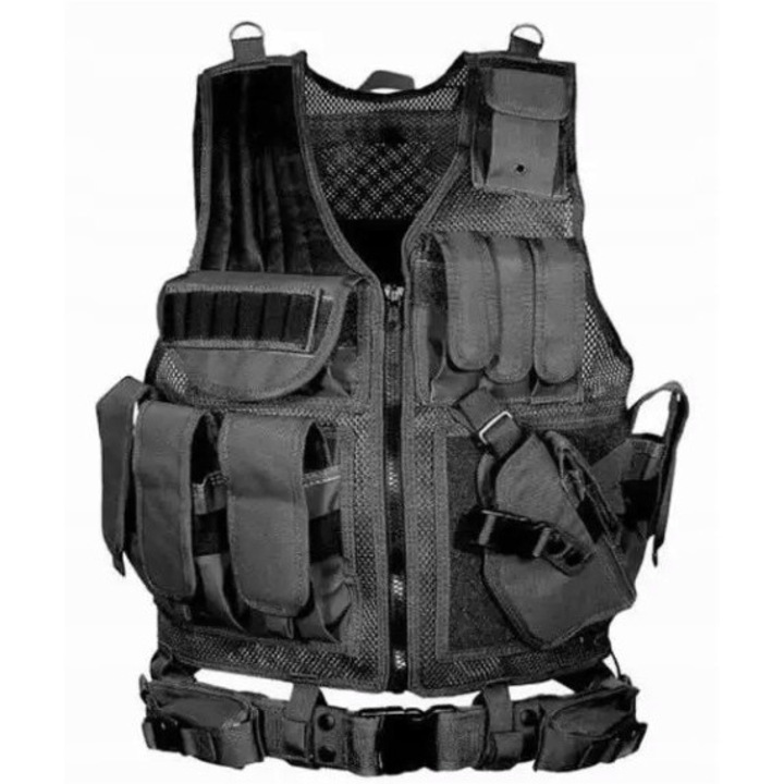 Vesta tactica militara, neagra, poliester, cu curea de protectie si buzunare organizatoare, XL INTL