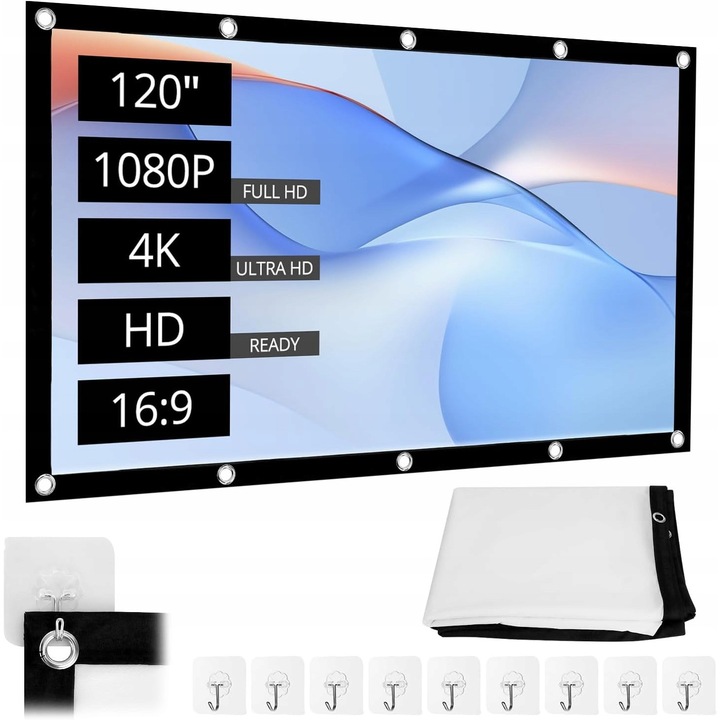 120 hüvelykes vetítővászon, 16:9 képarány, összecsukható konstrukció, sima anyag
