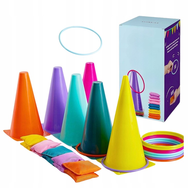Interaktív gyerekjáték szett, 6 kúp, 10 színes zsák, 10 karika, kúp mérete 23x12cm, zsák mérete 5cm, karika mérete 12cm