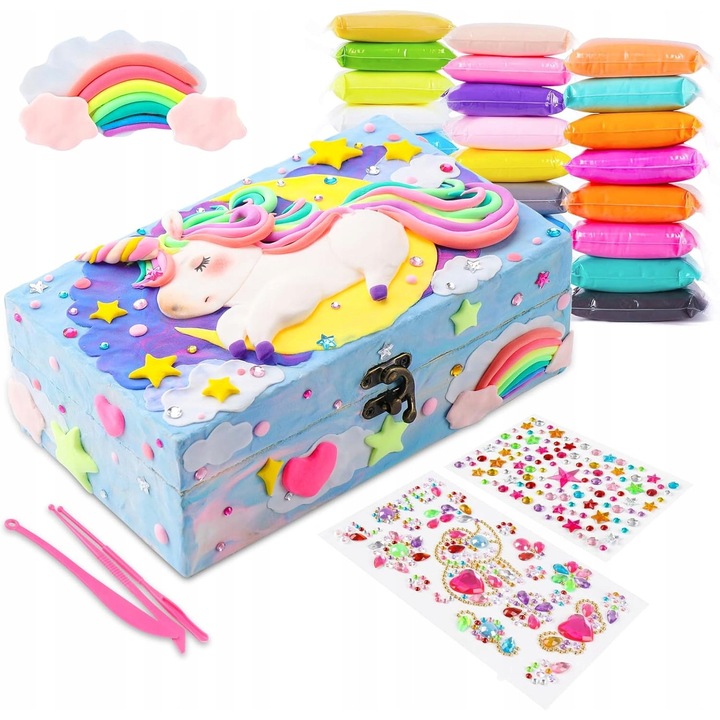 Set de artizanat pentru copii, cutie de bijuterii din lemn, 24 culori de lut, 7x20x12cm