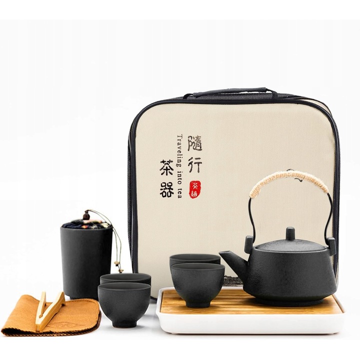 Set ceainice ceramica, 4 cani negre, recipient pentru ceai, tava din bambus, 12x15cm, 6x8,6cm, 5,5x4,3cm, ecologic