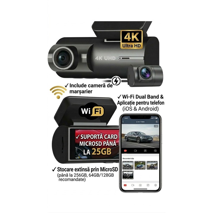 Camera Auto DVR CILGO M30, 4K Ultra HD, Camera de bord compacta cu Vedere Nocturna, Inregistrare in Bucla, G-Sensor, Control Vocal, Unghi Larg 170°, Camera Marsarier Inclusa