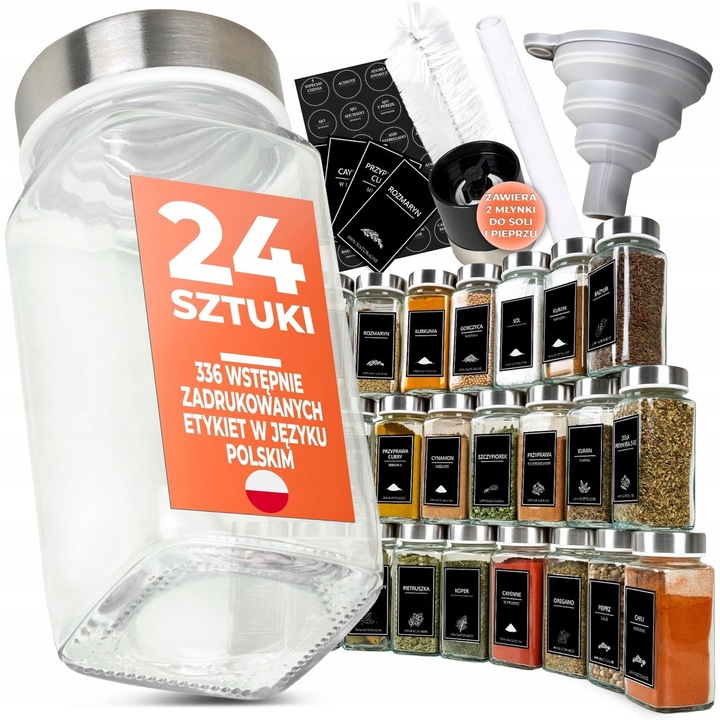 Set 24 borcane condimente, 2 rasnite sare si piper, metal, 120ml, etichete poloneze