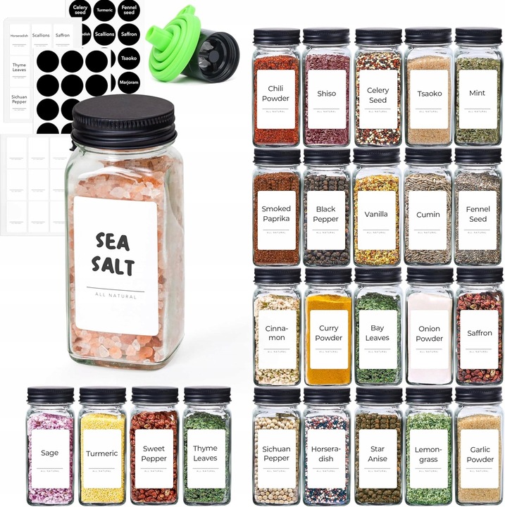 Set 24 borcane pentru condimente, 113ml, transparent, cu etichete si accesorii