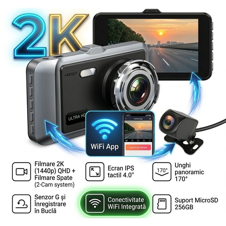 Camera Auto DVR CILGO X19 Pro 2K, Camera de bord cu ecran tactil 4", Inregistrare in bucla, G-Sensor, Vedere nocturna, Unghi larg 170°, Camera Marsarier Inclusa