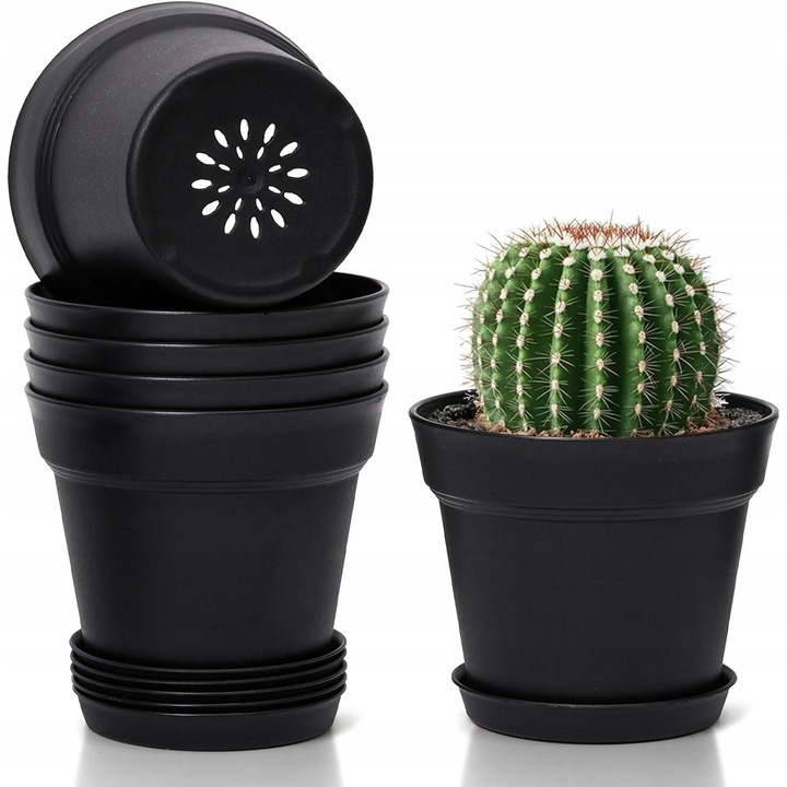 Set 6 ghivece cu suporturi, T4U, plastic, negru, 12,5x12,5x10,5cm