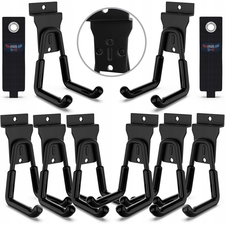 10 darab garázskampó készlet, rendszerező, nagy teherbírású, fekete