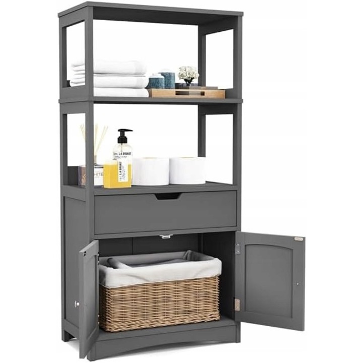 Sifonier modern cu rafturi si sertar, gri, 32,5x60x122cm