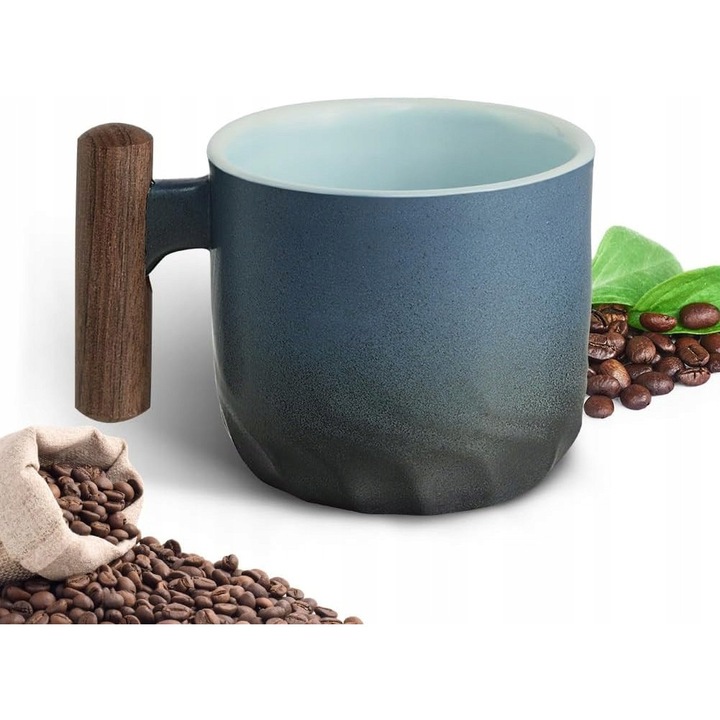 Cana espresso Vicloon ceramica 70ml, maner din lemn, culoare bleu ombre