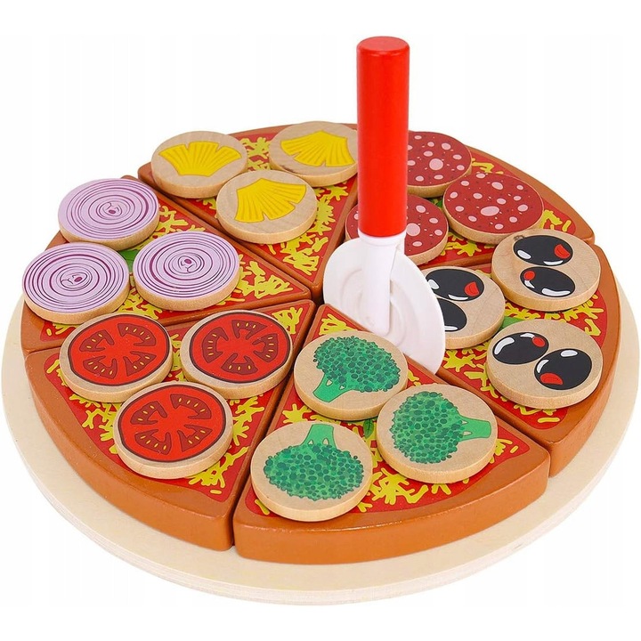 Set jucarie din lemn Pizzerie, 27 elemente, 6 felii de pizza, 21x21x2,5cm, pentru copii 3+