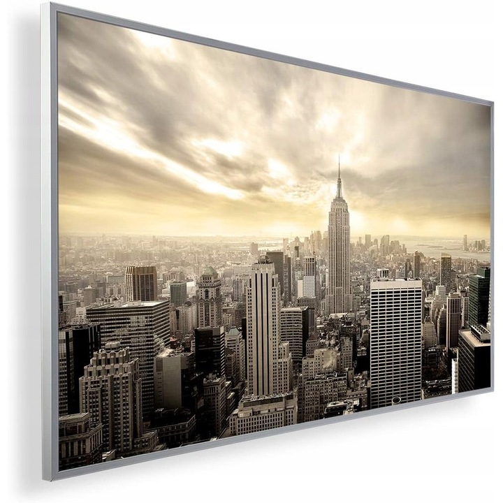 Panou radiant electric 1000W Konighaus, termostat inteligent Wifi, motiv Metropolia, 600x1200x10cm, alb, set