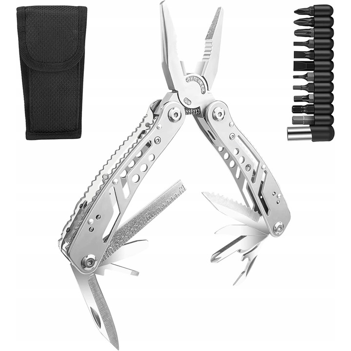 Set unelte multifunctionale 11 in 1, design modern, otel inoxidabil, compact, cu geanta de depozitare
