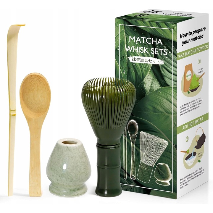 Set ceremonial ceai matcha, 1 trzepaczka, 1 lingura bambus, 1 lopata bambus, 1 suport ceramic, natural, elegant