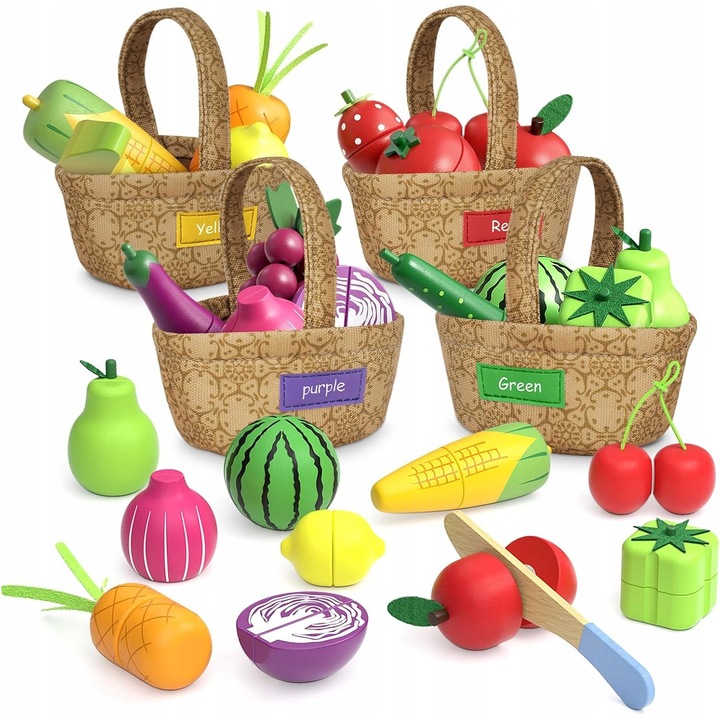 Set jucarii educationale din lemn, 12 produse alimentare + 4 cosuri, culori diverse, pentru copii de la 3 ani