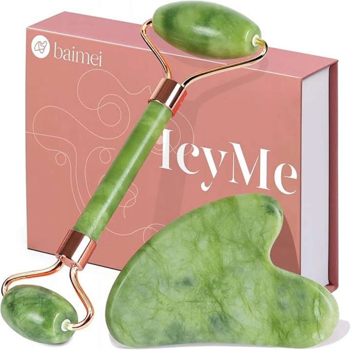 Set Gua Sha si Roller din Jadeit, BAIMEI, 100% natural, pentru reducerea umflaturilor, dimensiuni universale