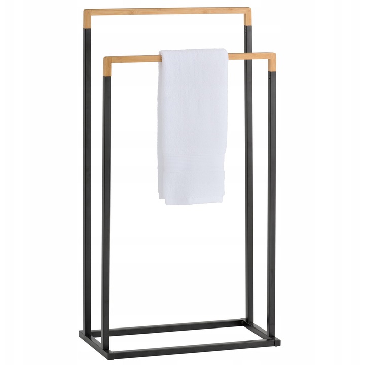 Suport pentru prosoape Yoka Home, bambus natural, 2 brate, negru, 84x45x21,5cm