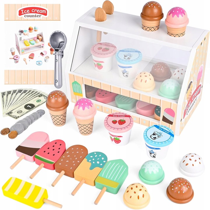 Set jucarie educationala din lemn, chiosc de inghetata