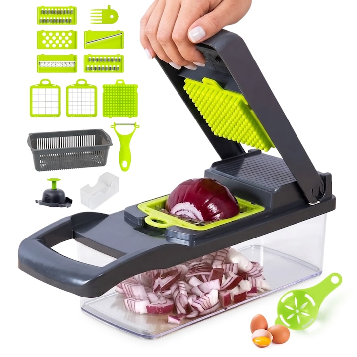 Razatoare Multifunctionala 16-in-1 pentru Legume si Fructe, 7 Lame interschimbabile, Taiere cuburi 12/18 mm, Feliere, Razuire, Maruntire
