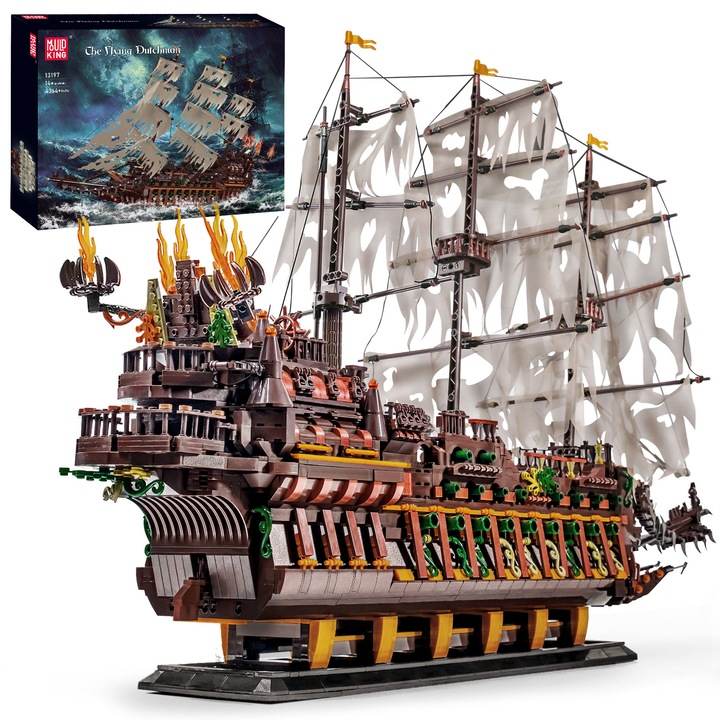 Set de constructie, Mould King, 13197, Corabie Pirati Flying Dutchman, 4364 Piese, 84x31x58.6cm, Nava Mare de Colectie 84cm, Model MOC Premium, pentru baieti si fete peste 14 ani, Cadou Adulti