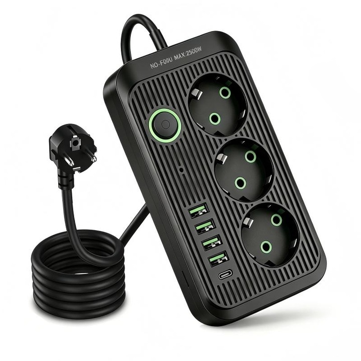 Hosszabbító, COSMI®, 3 aljzat + 4 USB + 1 Type-C, 2500W, Túlfeszültség- és Túlterhelésvédelem, Falra szerelhető, 2m kábel, Otthoni Irodai használatra, Fekete