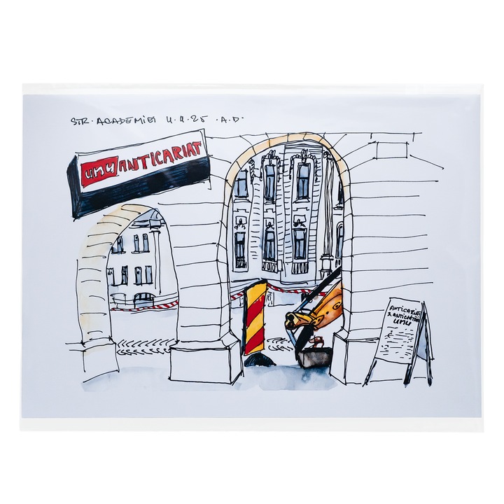 Print Fine Art Bucuresti, Strada Academiei, Ilustratie Originala Acuarela, Poster, Tablou A4, 21 x 29.7 cm