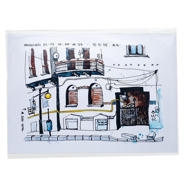 Print Fine Art Bucuresti, Strada Ion Brezoianu, Ilustratie Originala Acuarela, Poster, Tablou A4, 21 x 29.7 cm