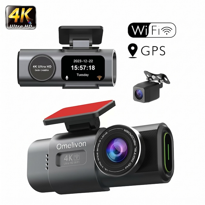 Camera Auto Dashcam 4K UHD Omelivon® Dual Channel Fata si Spate, 2160p, Wi-Fi, GPS, Senzor Nocturn, Ecran 3.2 Inch, Inregistrare in Bucla, Monitorizare Parcare, Impermeabila