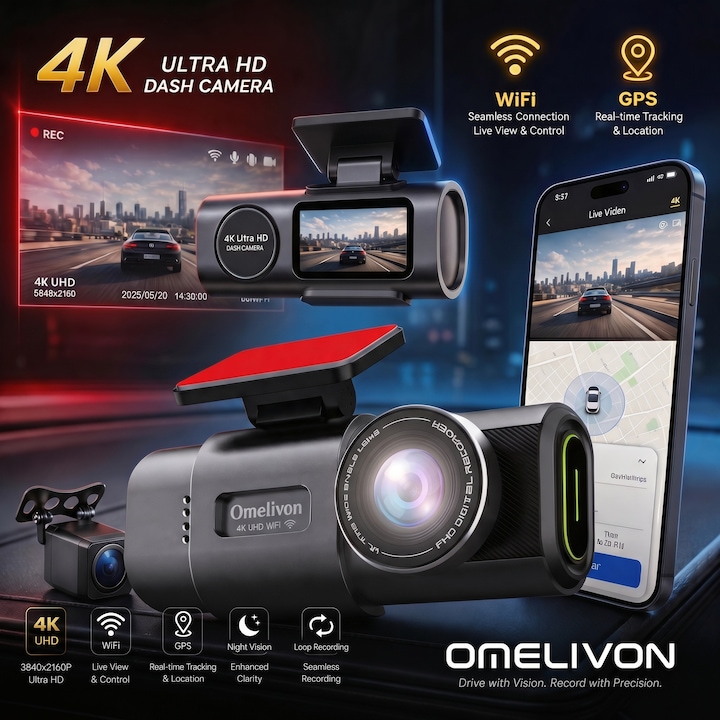 Camera Auto Dashcam 4K UHD Omelivon® Dual Channel Fata si Spate, 2160p, Wi-Fi, GPS, Senzor Nocturn, Ecran 3.2 Inch, Inregistrare in Bucla, Monitorizare Parcare, Impermeabila