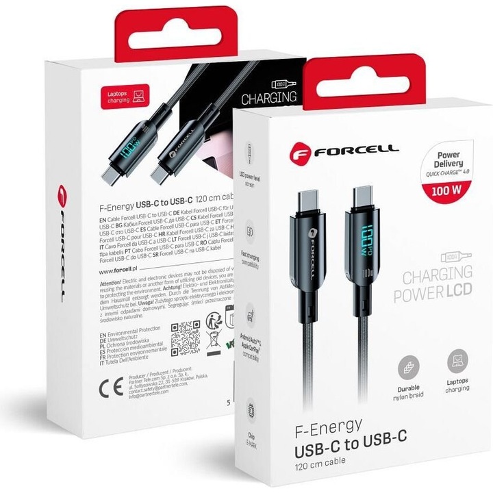 Cablu USB-C la USB-C FORCELL 100W, 120cm, suport incarcare rapida, negru