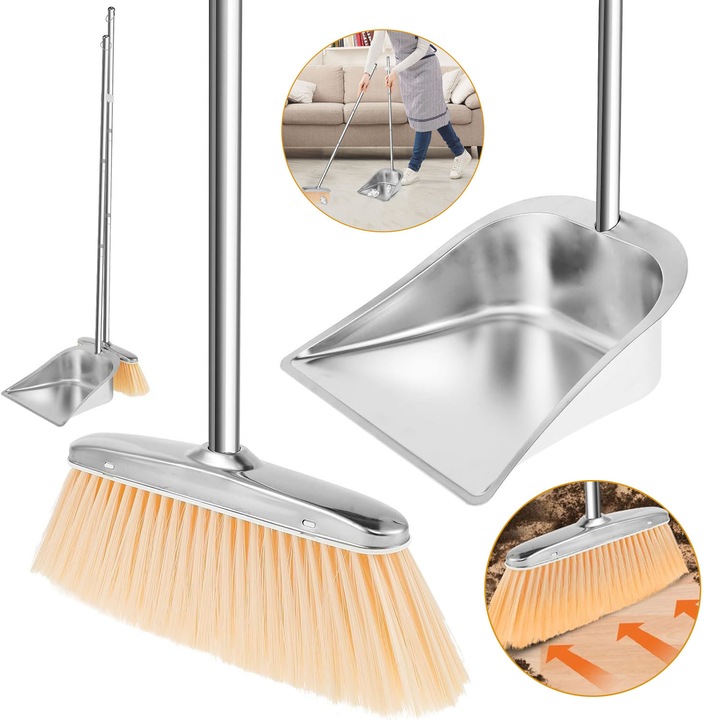 Set De Matura Si Faras Din Otel Inoxidabil Cu Maner Lung, Argintiu, Set De Perie Si Faras Rezistent, Set De Maturat Si Faras Portabil Pentru Podele Dure, Casa Birou, Utilizare In Interior Si Exterior