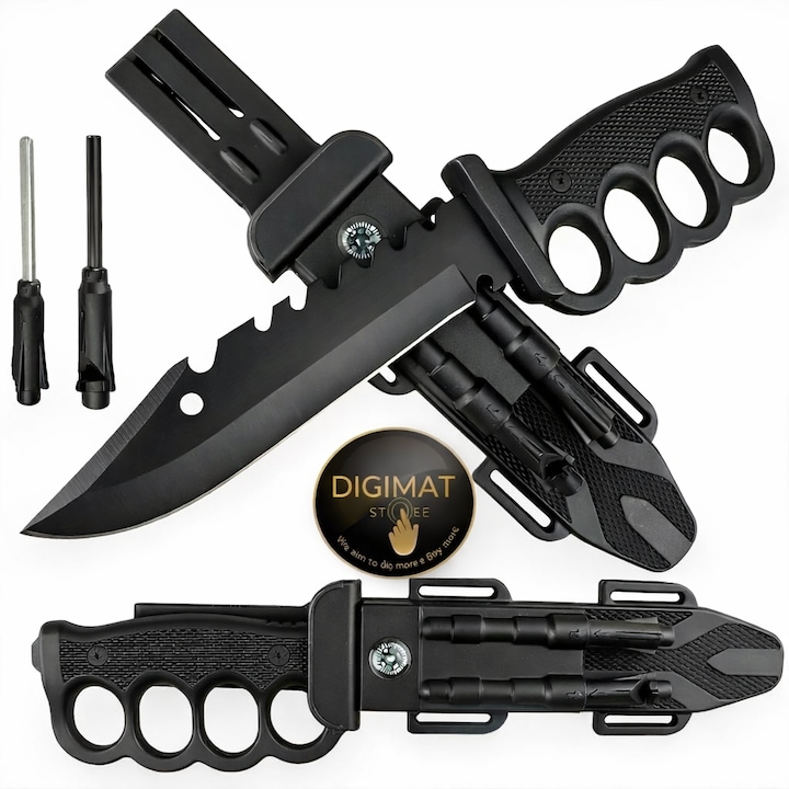 Cutit tactic bowie DIGIMAT® supravietuire militara cu teaca multifunctionala, busola, aprinzator foc, fluier si ascutitor, lama otel inoxidabil, cutit bushcraft camping/vanatoare/outdoor, 33 cm