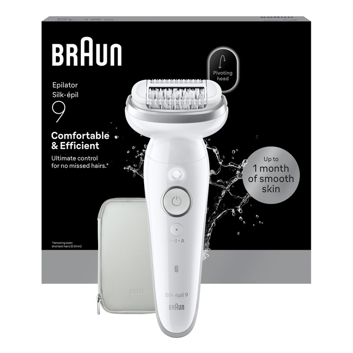 Epilator Braun Silk-épil 9 9-011 3D Flex 360° , Wet & Dry, Smart Touch, 40 de pensete, 2 viteze, Geanta de voiaj, Alb/Argintiu