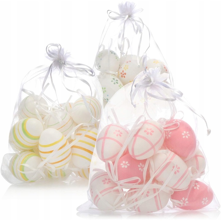 Комплект от 36 декоративни овални писанки, цветя, райета, точки, 6x4см