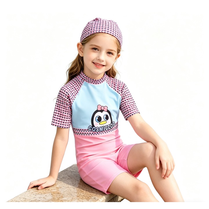 Set costum de baie copii, Greatsoon, pinguin roz, protectie UV 50, Roz