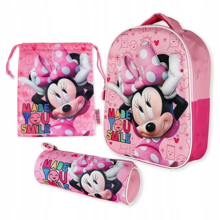 Set scolar 3 in 1, Miki, rucsac 3D, geanta pentru gustari, penar, roz, 26x31x10cm