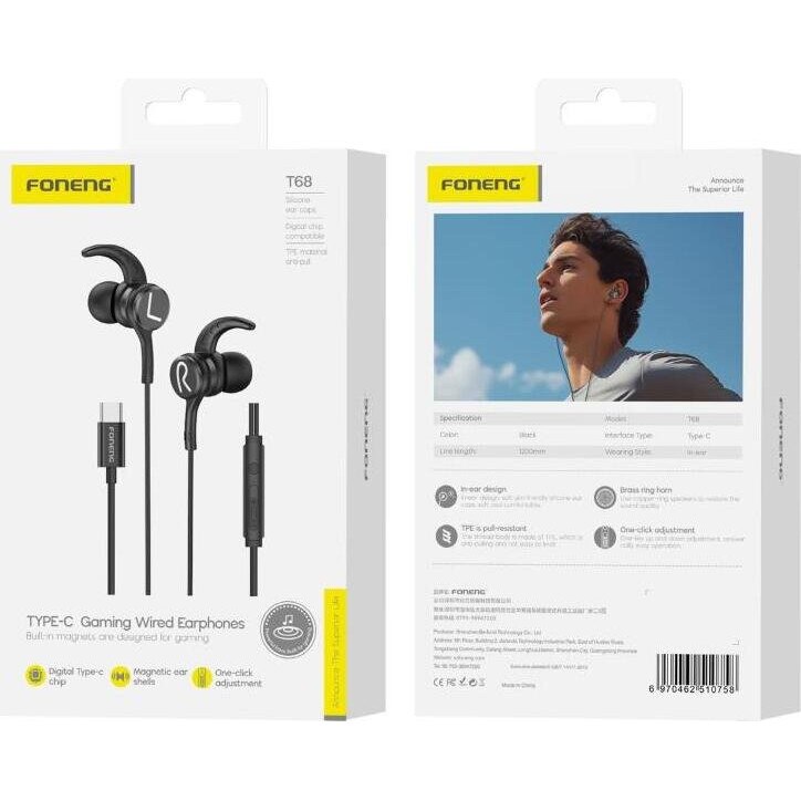 Casti cu fir Foneng T68 Heavy Bass, USB C, 10mm, 1.2m, negru