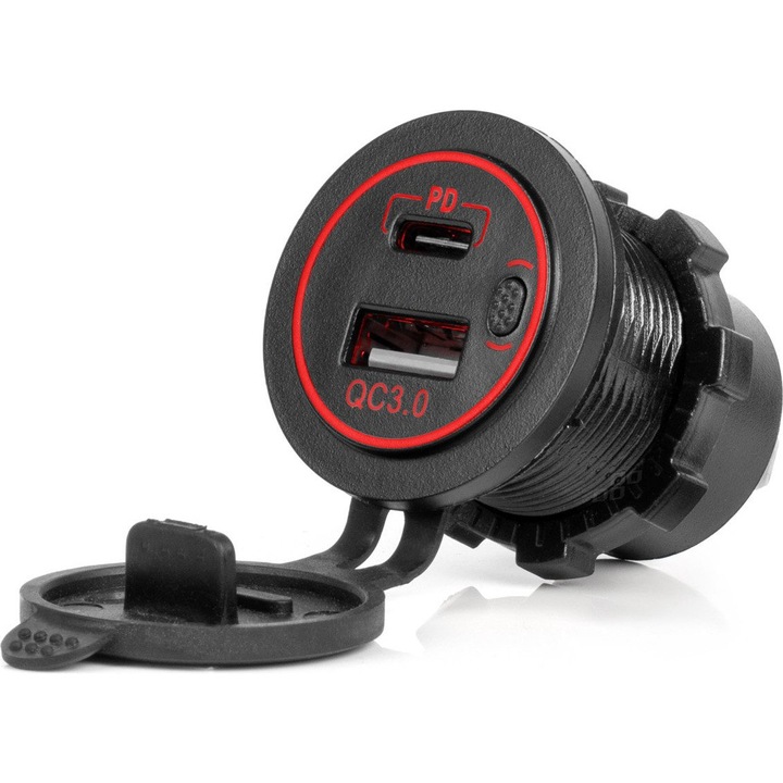 Priza auto cu 2 porturi USB, capac, AMiO, 12/24V, Quick Charge 3.0, protectie impotriva apei, iluminare LED rosie