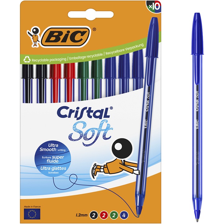 Pix BIC Cristal Soft, varf 1.2 mm, multicolor, cutie 10 bucati