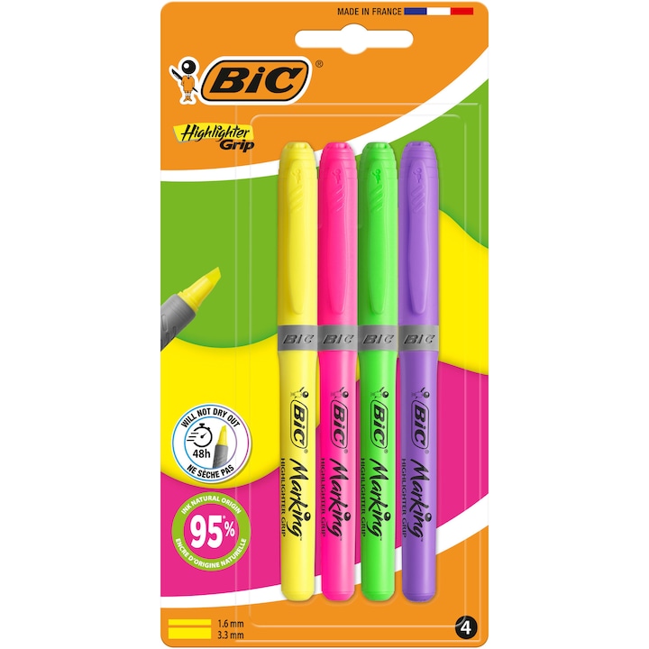 Evidentiatoare BIC Highlighter Grip, varf tesit, mediu, culori neon, blister 4 bucati