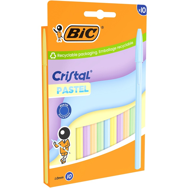 Pix cu bila BIC Cristal Pastel, varf 1.0 mm, albastru, corp pastel, cutie 10 bucati