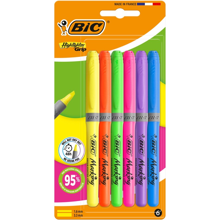 Evidentiatoare BIC Highlighter Grip, varf tesit, mediu, culori neon, blister 6 bucati